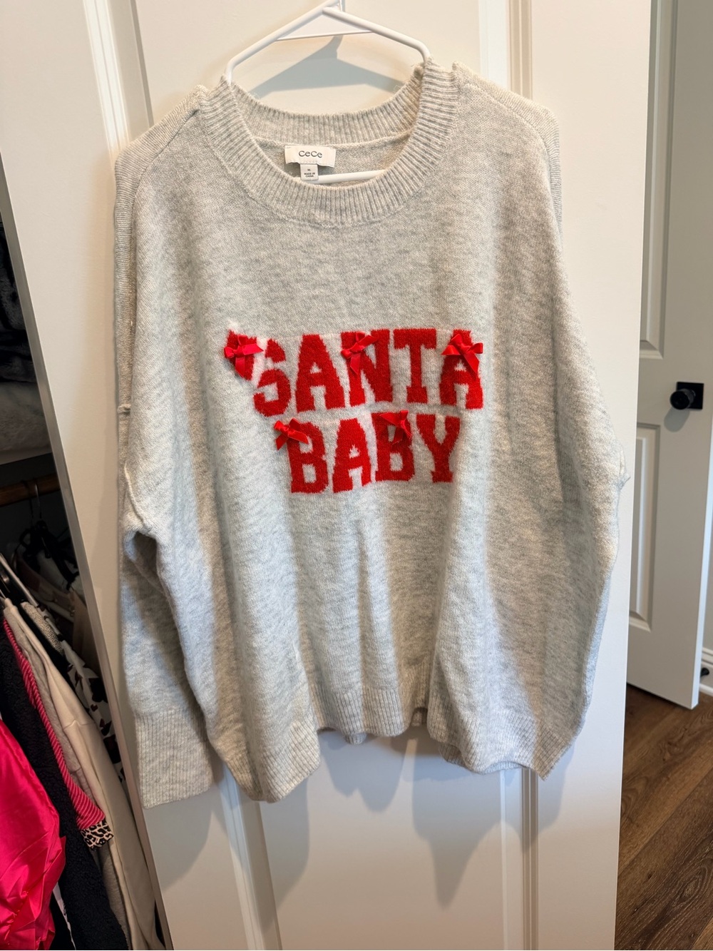 CeCe Light Gray Crewneck with Red 'SANTA BABY' Appliqué